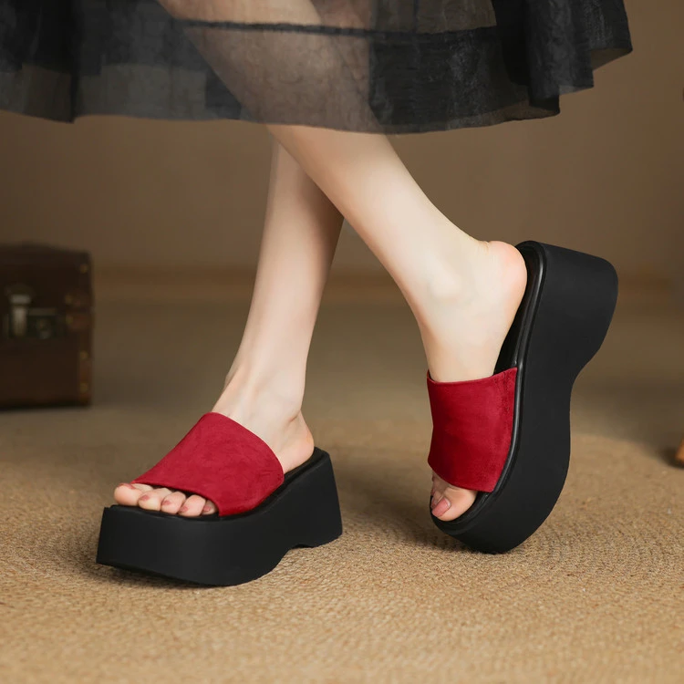 夏季新款拖鞋女懒人外穿真皮凉拖鞋松糕厚底增高鞋红色高跟鞋 MYT