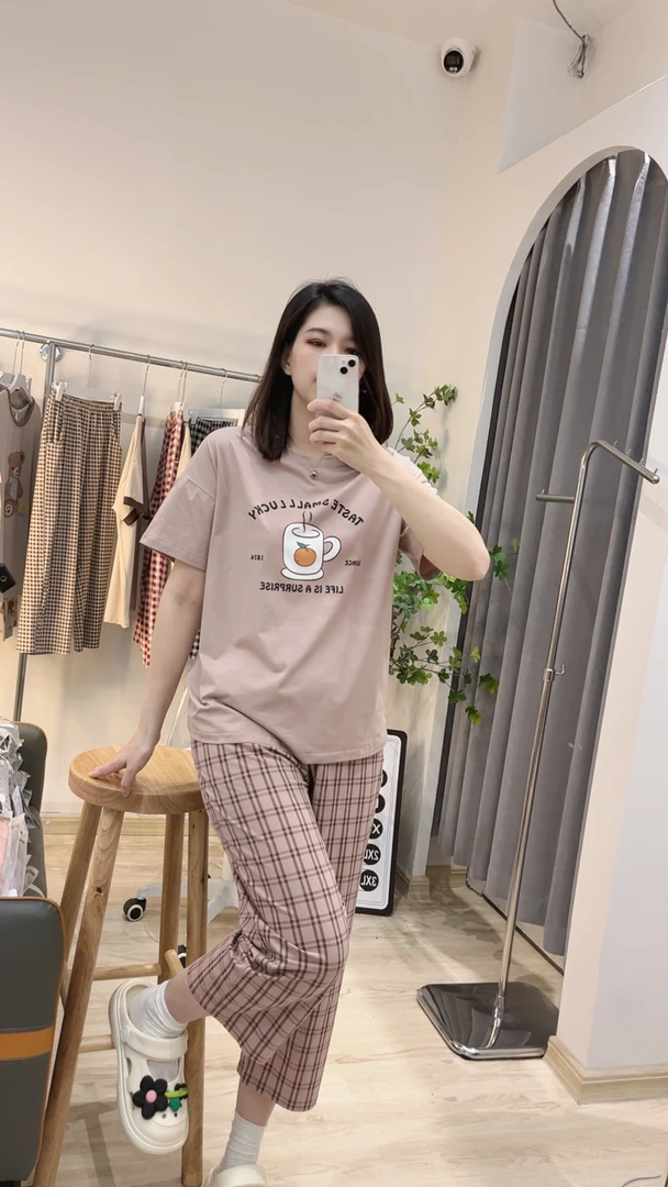 夏季爽棉睡衣女时尚休闲女士宽松格子舒适简约居家印花韩版家居服