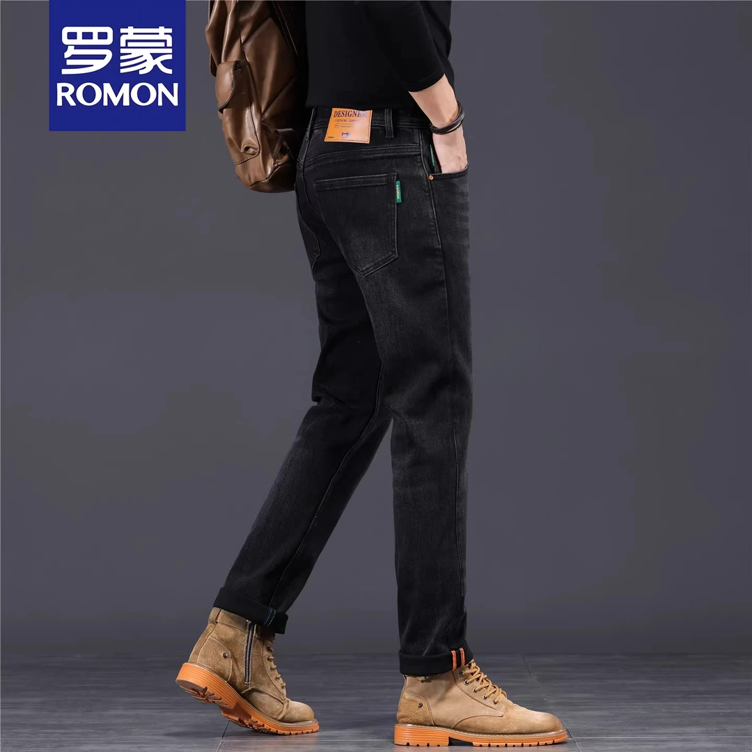 罗蒙香港高端黑灰色牛仔裤男秋季新款弹力百搭潮牌休闲修身直筒裤
