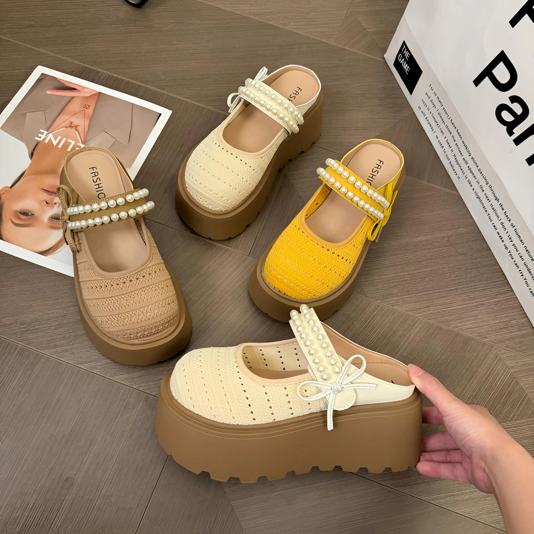 春夏季新款2025包头厚底半拖鞋女外穿仙女风配裙子增高松糕底凉拖