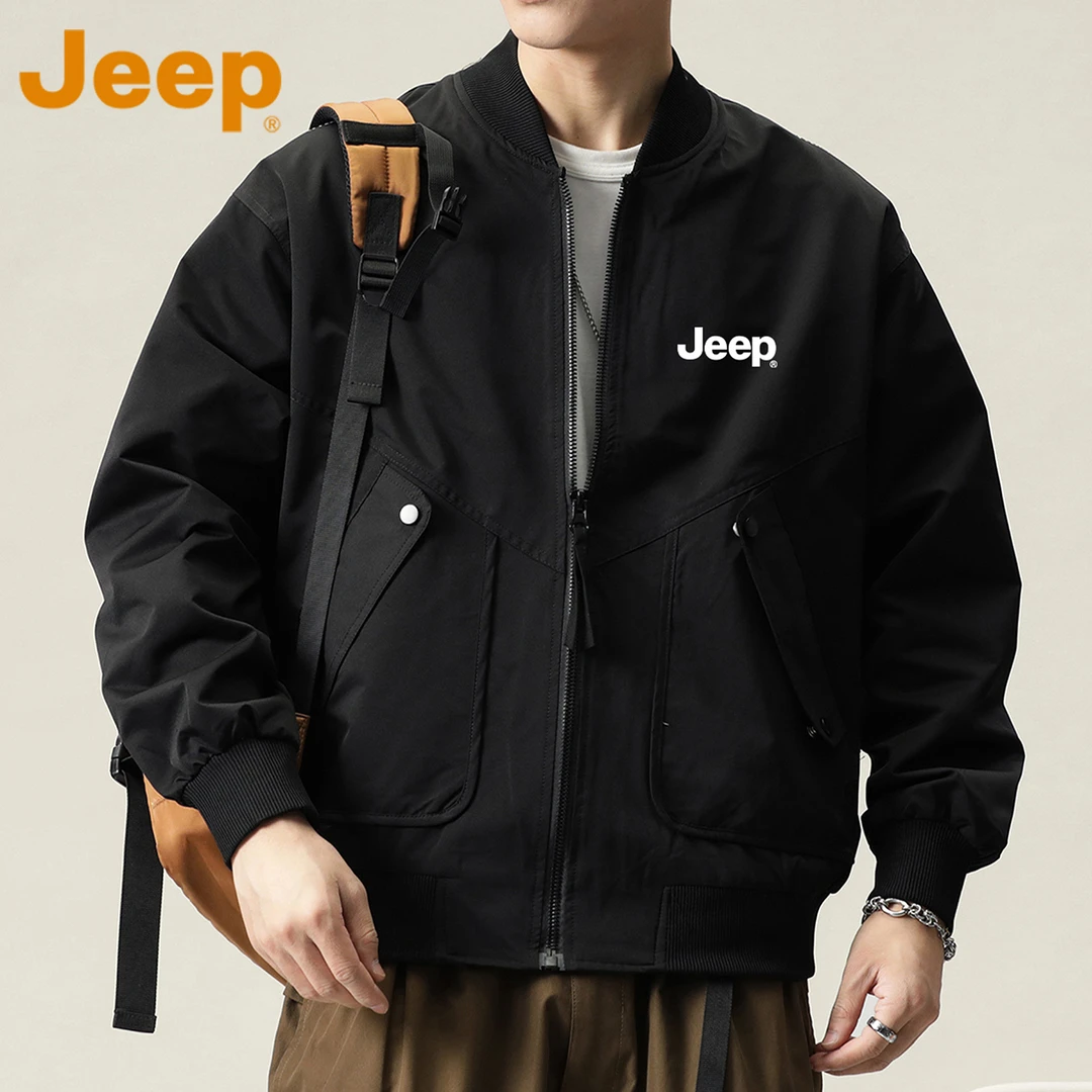 JEEP吉普黑色美式棒球服外套男款春秋季潮牌宽松立领痞帅工装夹克