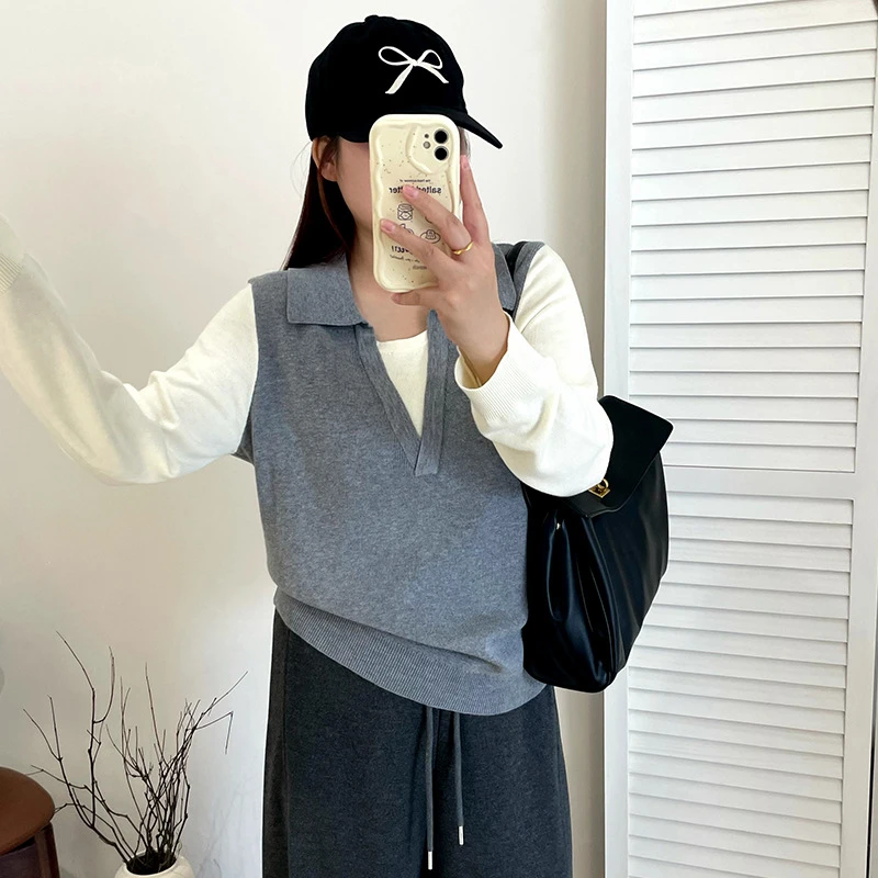 可露露~撞色假两件polo领上衣女休闲毛衣2025秋冬胖mm针织衫6669