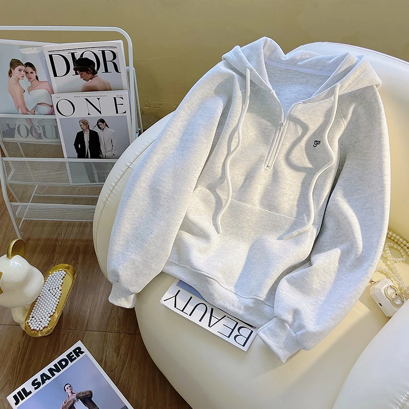 美式半拉链小众加绒连帽卫衣女秋冬2025新款小个子洋气百搭