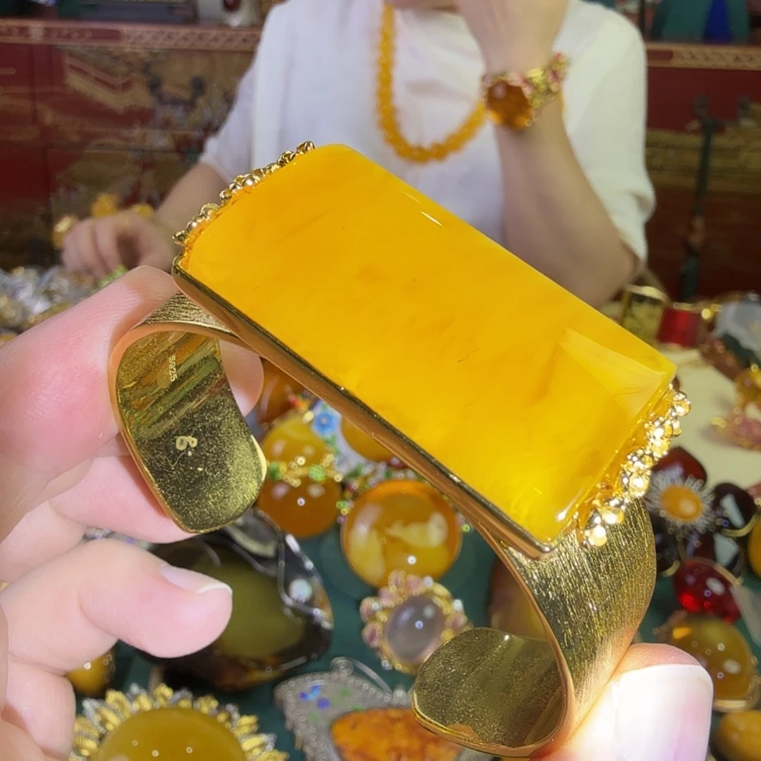 蜜蜡银S925镀金镶嵌手镯