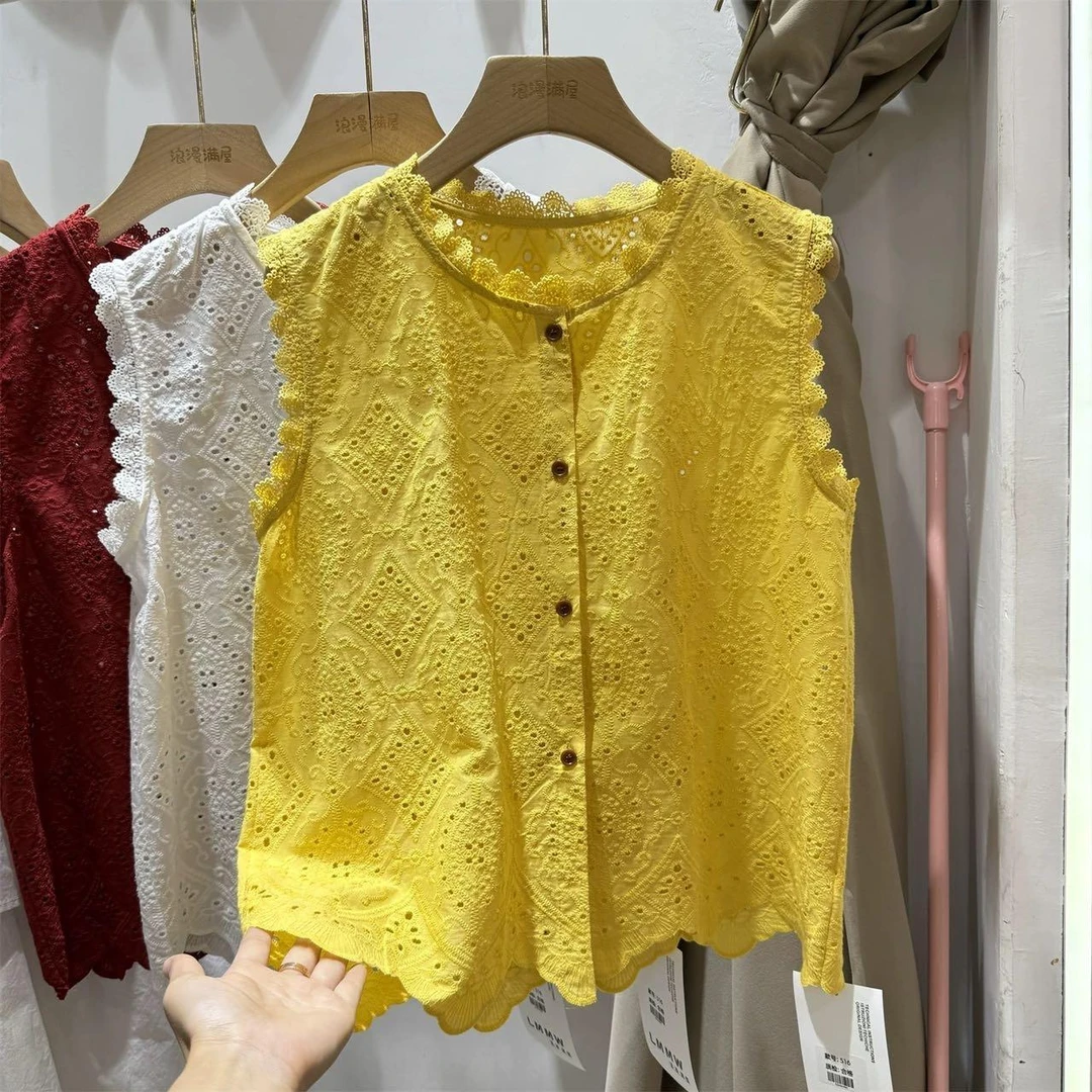 蕾丝镂空钩花无袖短款衬衫8928