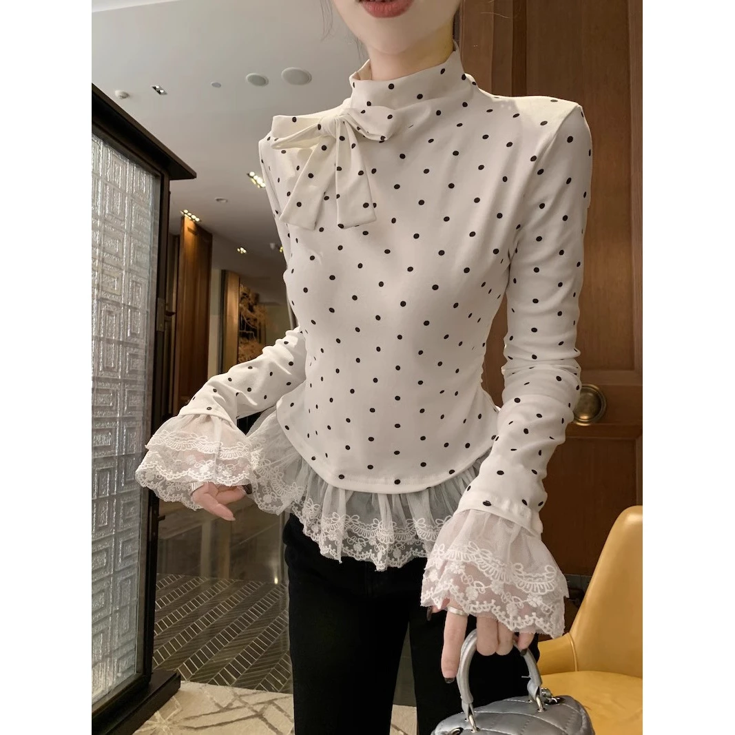 白色波点半高领T恤女春秋长袖内搭打底衫蝴蝶结蕾丝花边修身上衣