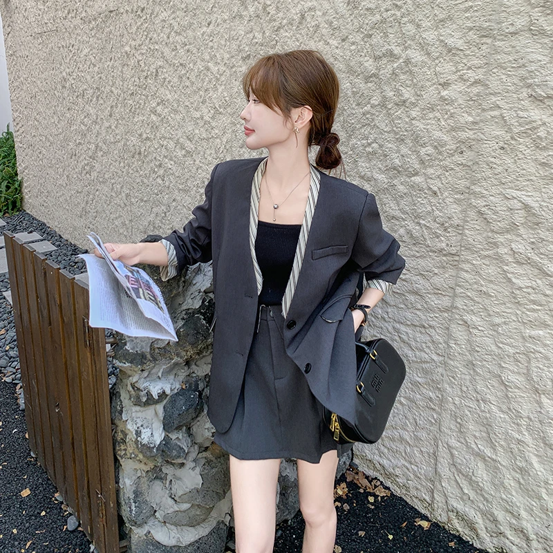 韩系氛围感西装套装裙女春季半身短裙两件套盐系轻熟风高级感减龄