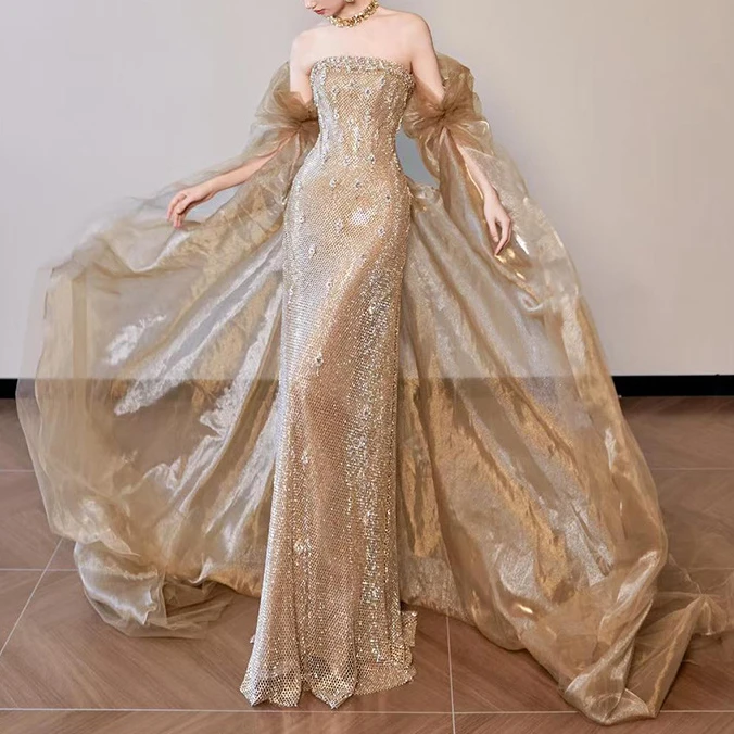 金色抹胸晚礼服女高端轻奢小众新娘订婚结婚敬酒服宴会主持人礼服