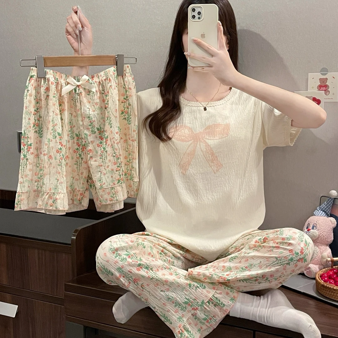 田园碎花2025夏季云朵棉甜美三件套短袖睡衣女带胸垫家居服套装
