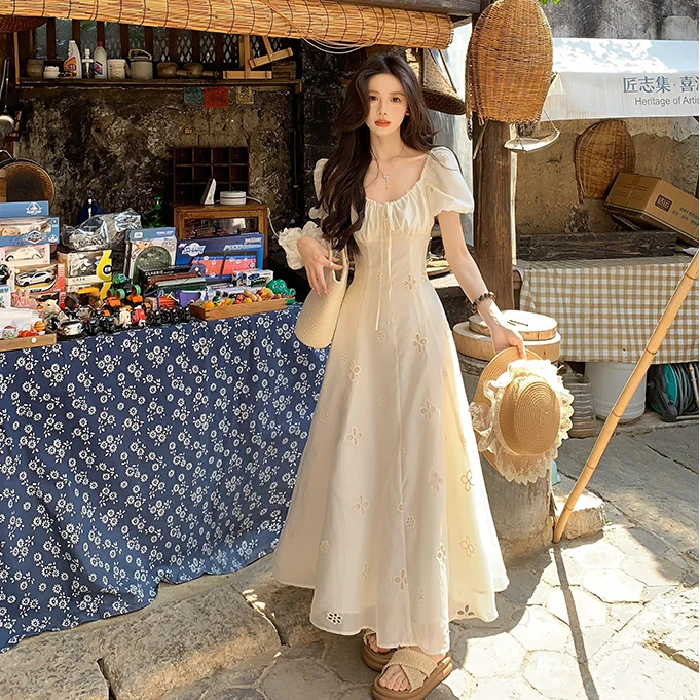 法式甜美收腰显瘦掐腰连衣长裙子女夏季新款温柔风气质长款连衣裙