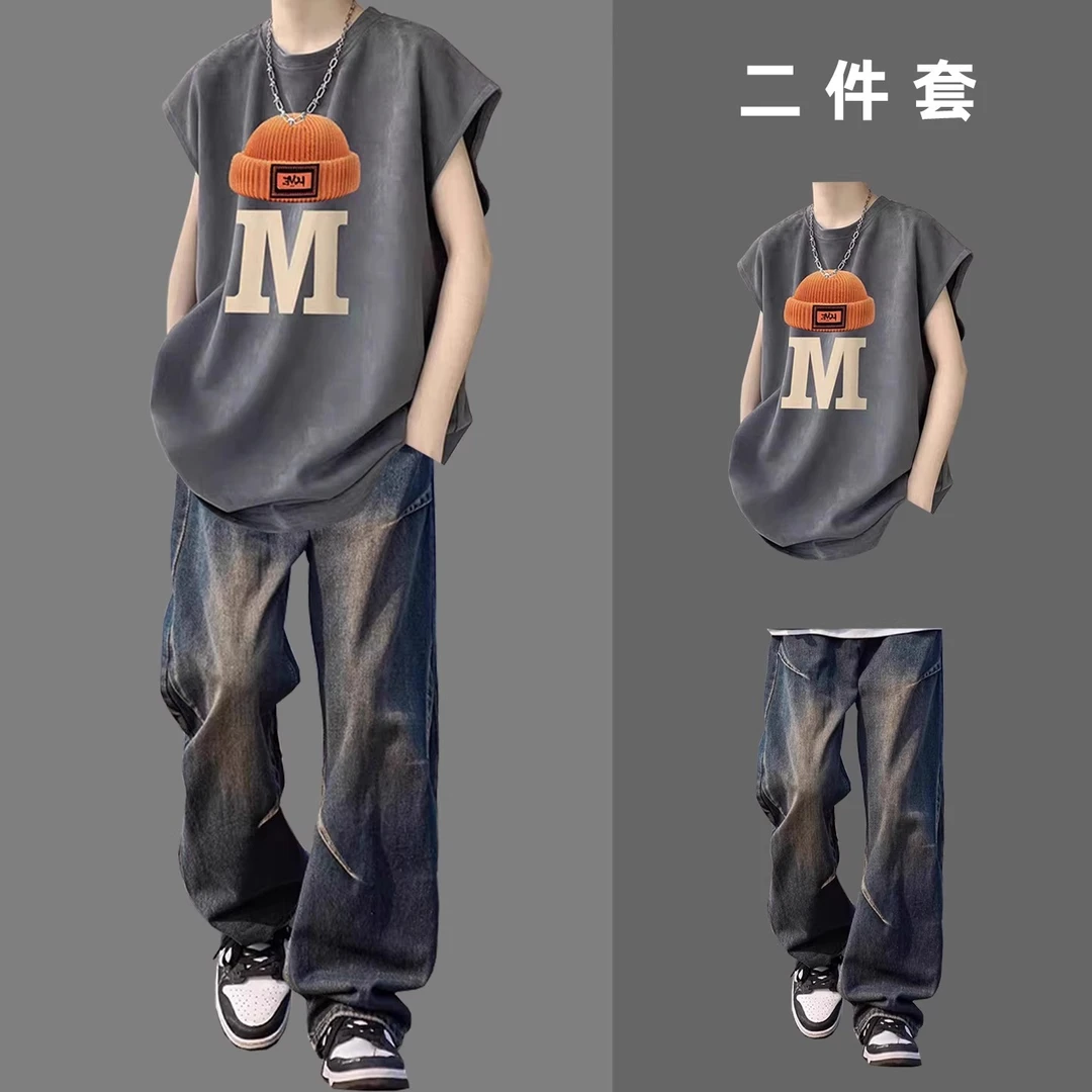 男士夏季新款套装潮牌百搭无袖t恤背心坎肩运动牛仔短裤两件套