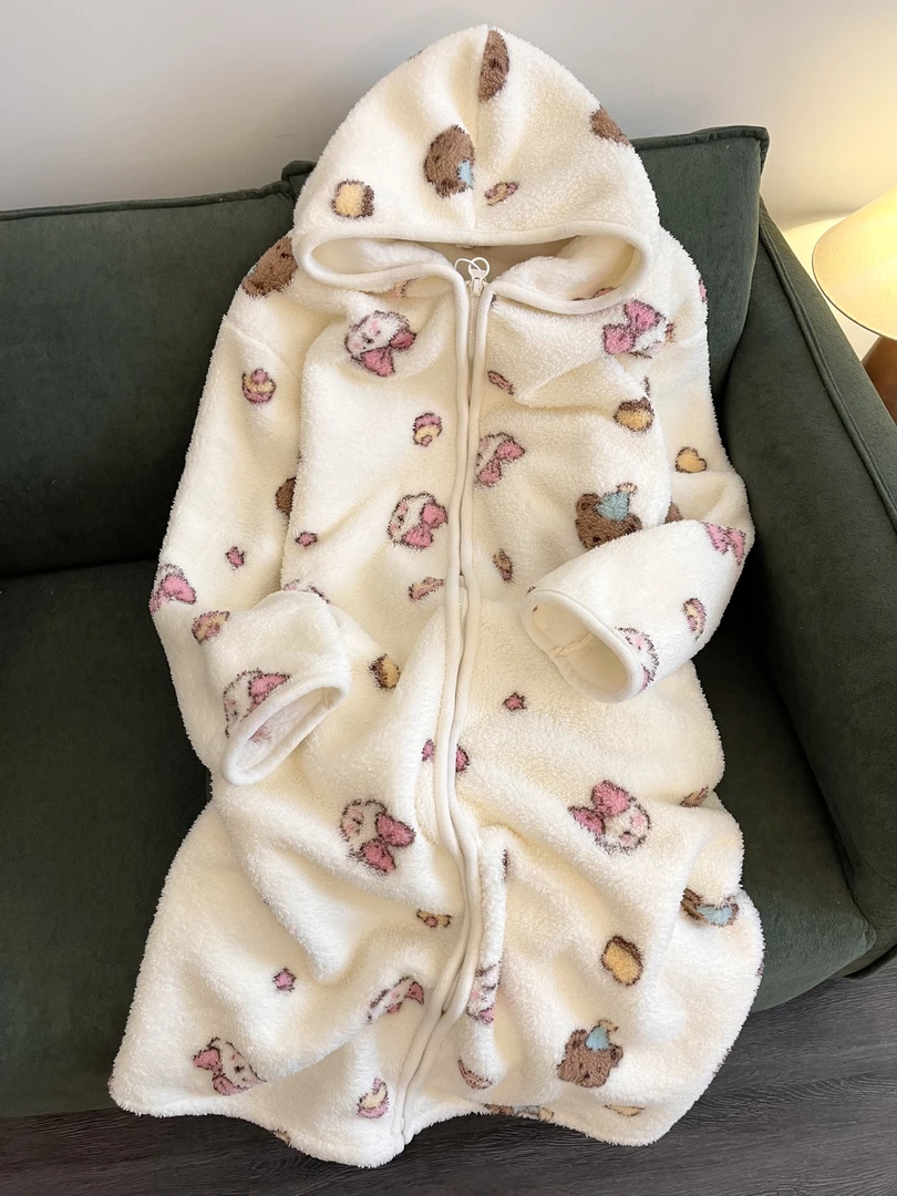 【DMXJ大梦想家】可爱卡通连帽珊瑚绒睡袍女冬季新款保暖睡衣家居服