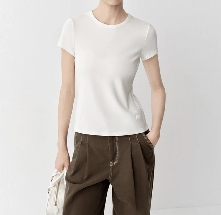艾家新款圆领常规短袖弹力修身经典卡其色多巴胺圆领T恤半袖3012