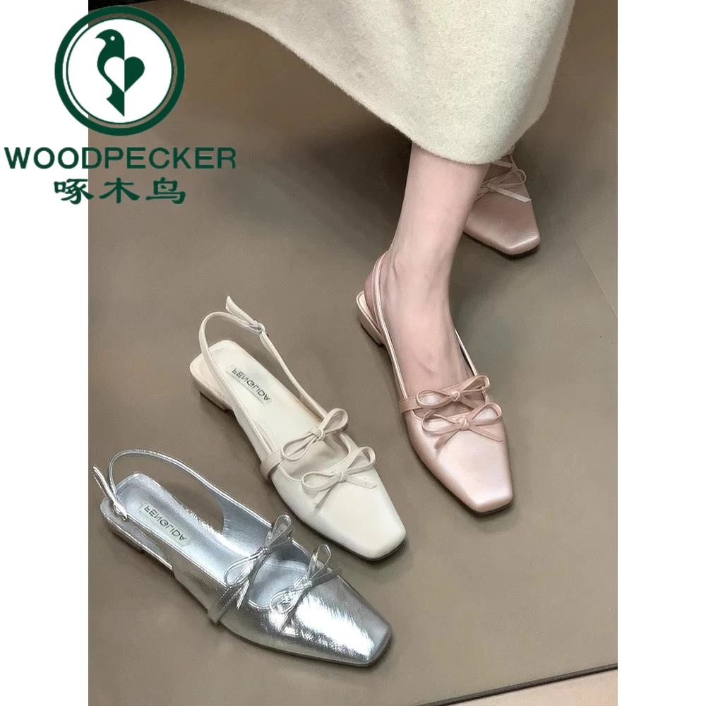 啄木鸟后绊带包头凉鞋女2025高级感法式晚晚风银色气质单鞋蝴蝶结