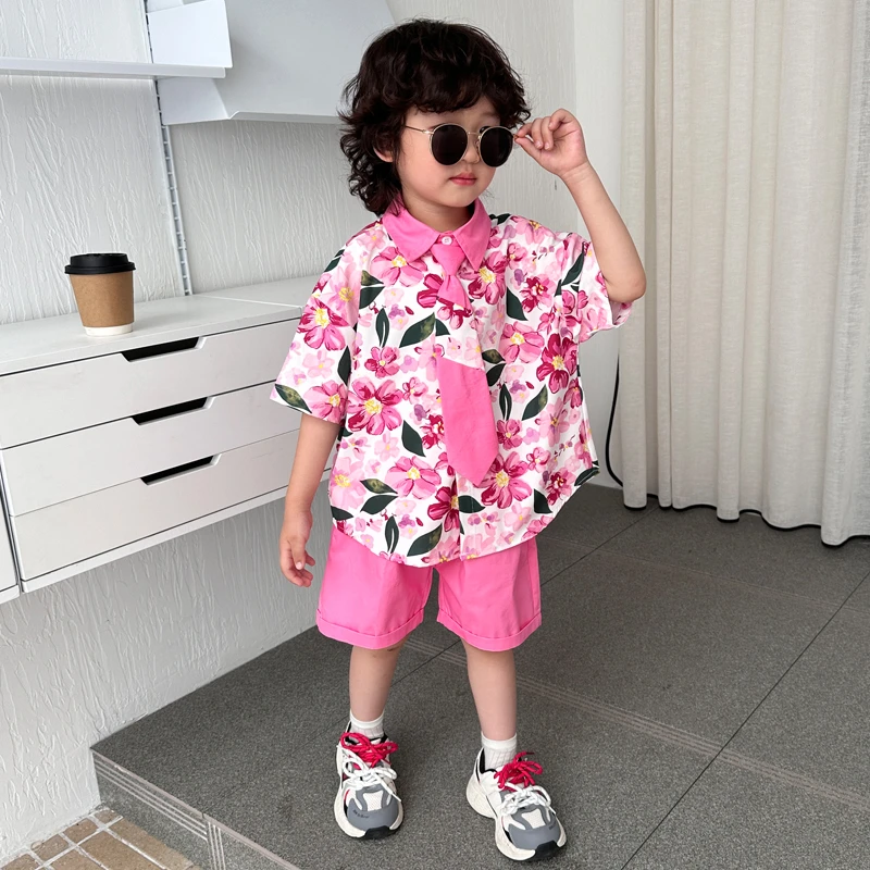 男童夏装套装洋气短袖花衬衫2025新款时髦儿童装夏季薄款短裤衣服