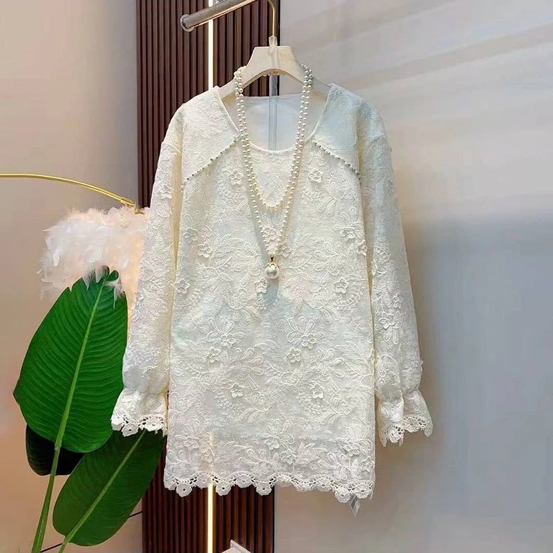 气质珍珠亮钻圆领设计镂空钩针女人衫显瘦上衣2024冬季新款加大码