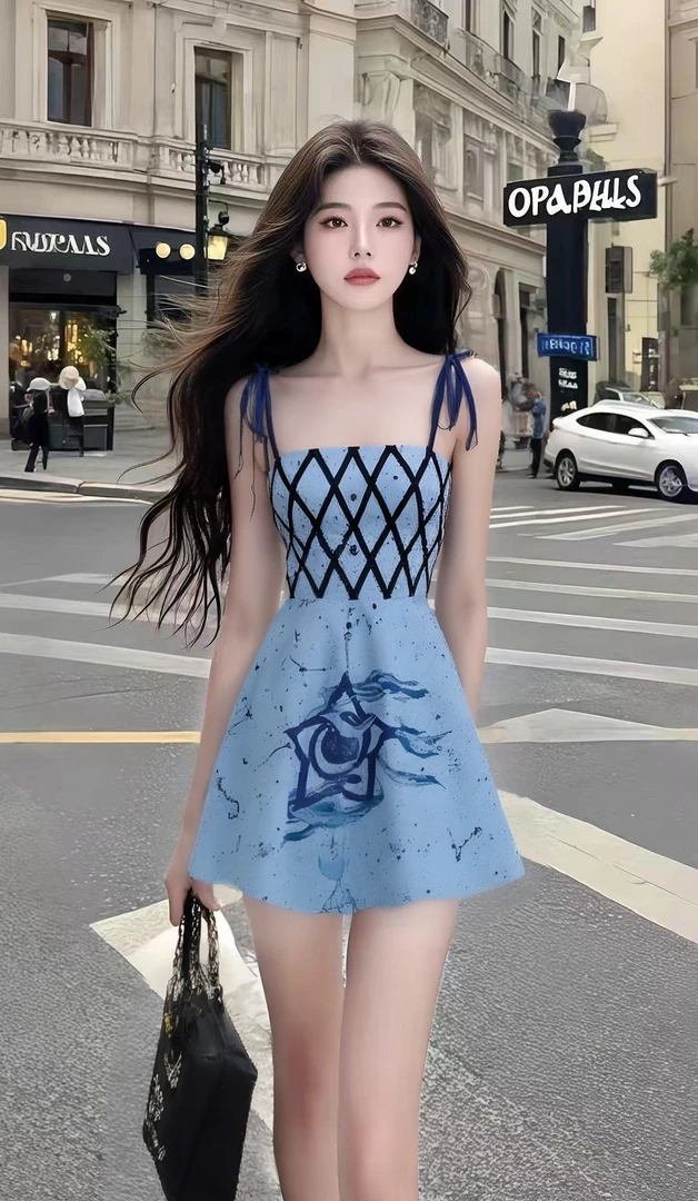 2025夏季新款温柔知性风蓝色修身收腰吊带连衣裙高端时尚气质女装