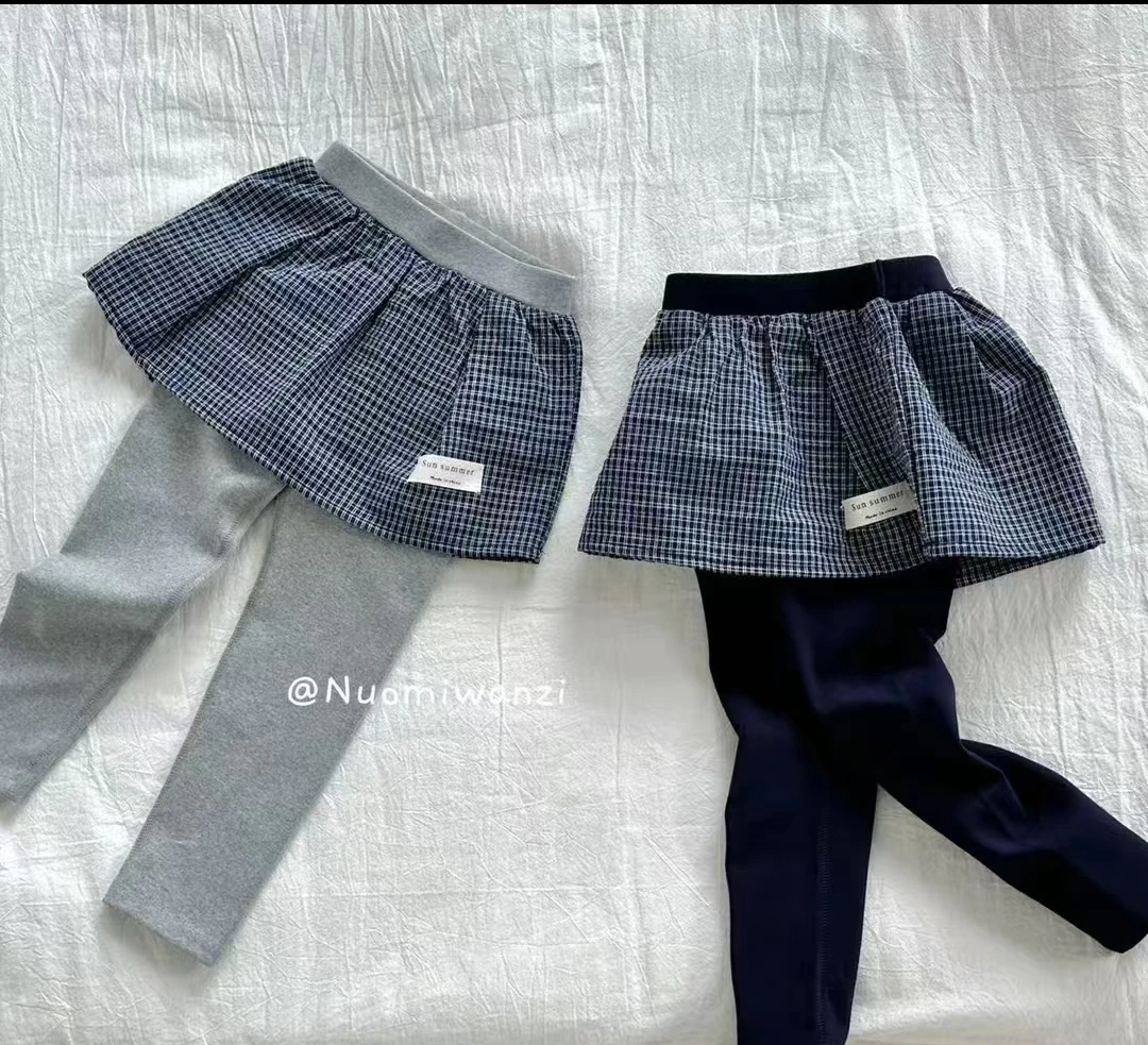 2025新款格子屁帘韩版长裤打底裤时尚休闲裤假两件潮酷儿童衣服