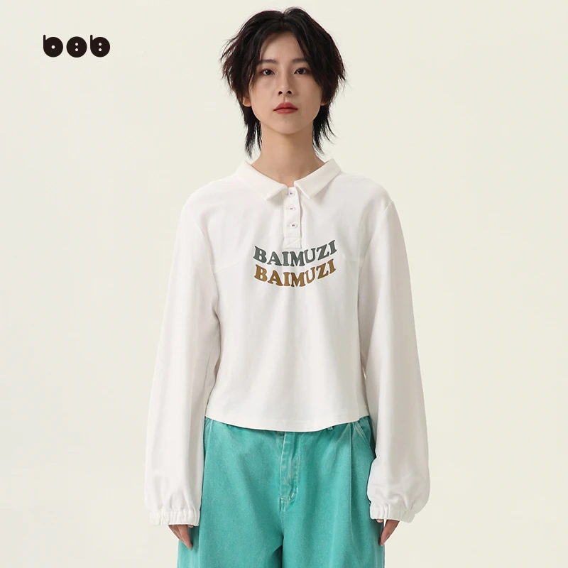 【商场同款】白目自短款POLO领长袖T恤 女2024春装小众设计感上衣