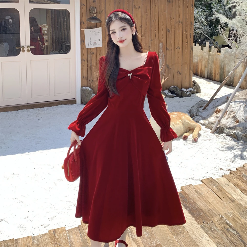 大码秋冬新年战袍丝绒法式高级感红色连衣裙 3776
