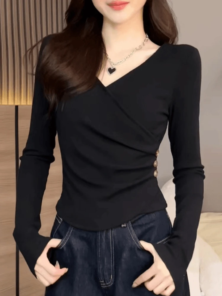 洋气v领长袖t恤女新款大码女款修身显瘦打底衫上衣黑色内搭2025