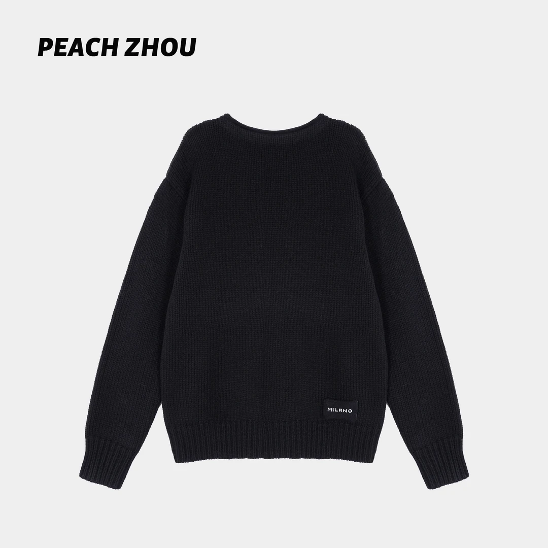 『PEACHZHOU』羊毛船领字母提花宽松套头针织衫休闲高级感中性毛衣