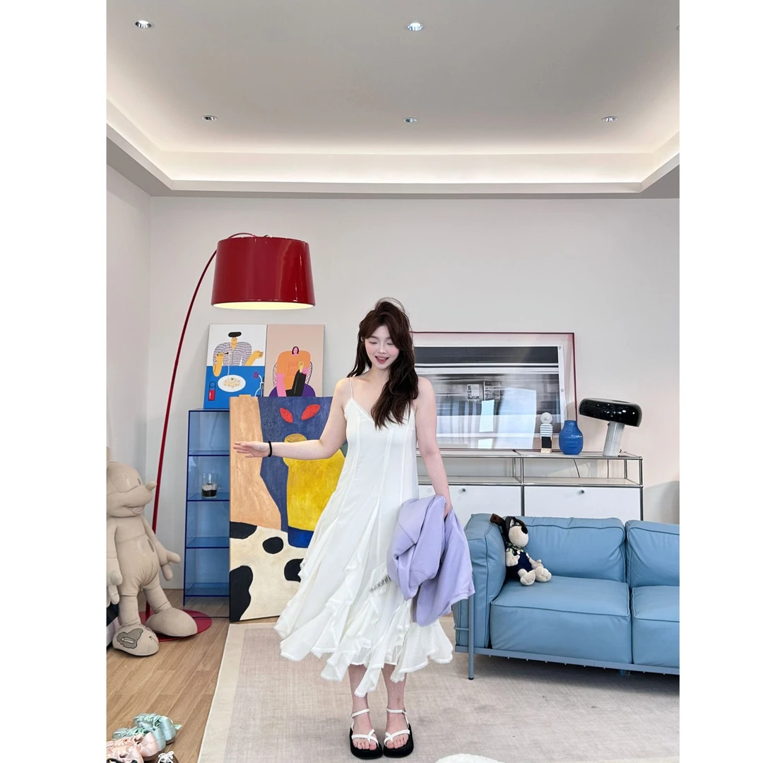 晶咕【浮梦流纱】细肩带蕾丝V领不规则荷叶边吊带连衣裙