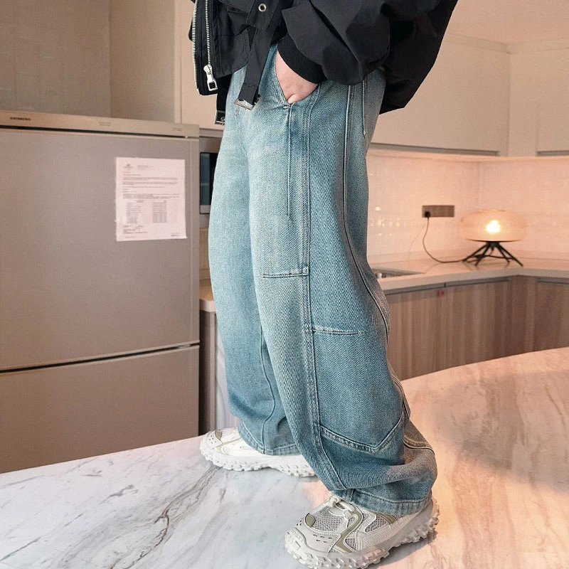 儿童超好版型弯刀牛仔裤春季新款拼接设计水洗蓝中大童S7433