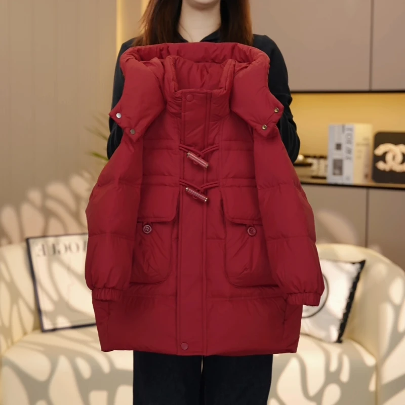 【糖宝魔豆】女童红色加厚连帽棉服新款女孩中长款冬季新年服外套潮