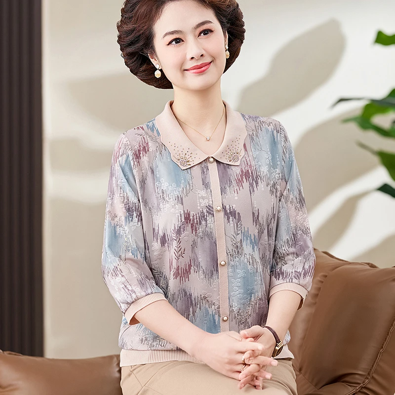 妈妈春装小衫打底上衣 2025新款中老年女夏装薄款冰丝t恤洋气上衣