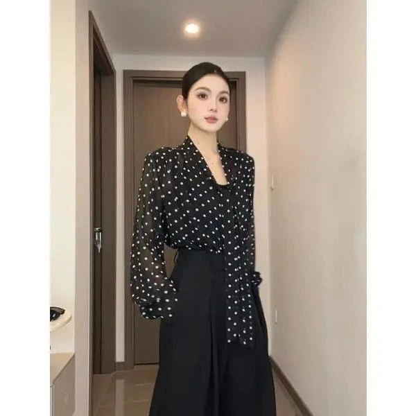 夏季新款复古法式蝴蝶结波点防晒雪纺衬衫女宽松慵懒感气质上衣