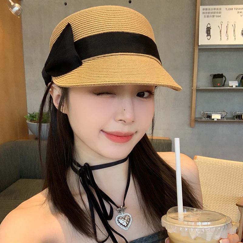 韩系蝴蝶结草编马术帽女夏季户外遮阳草帽海边沙滩度假宽檐鸭舌帽