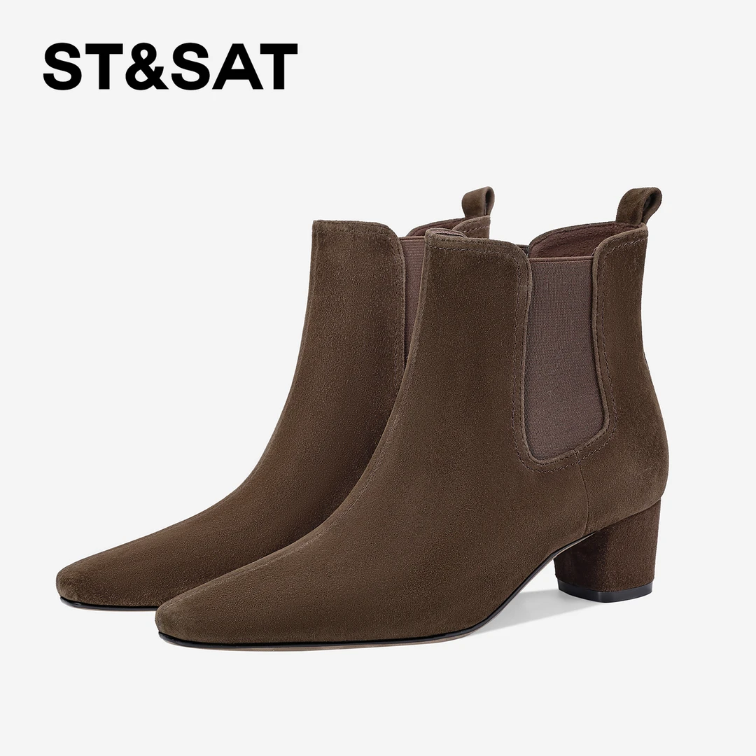St&Sat/星期六2025年秋冬新款英伦风时装靴法式方头粗跟百搭女靴