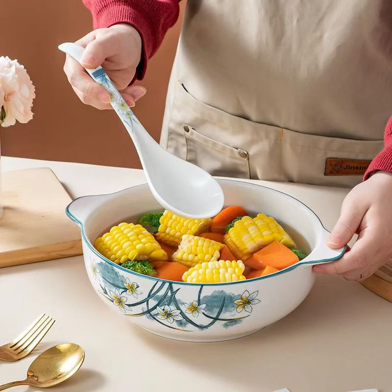 【拍汤碗送大勺】水仙花双耳加厚汤碗耐高温陶瓷餐具爆款中式