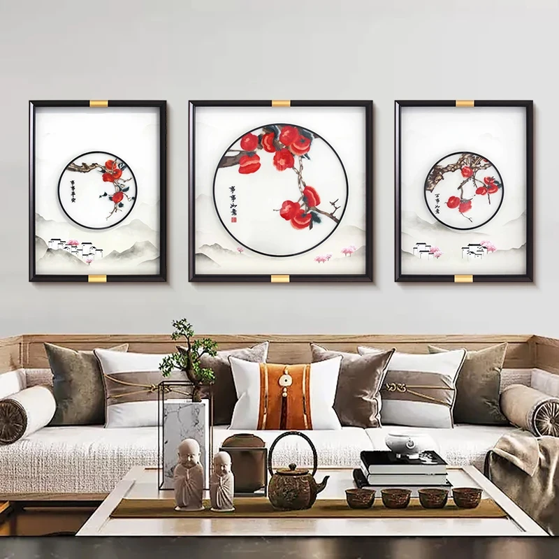 2025柿柿如意高端轻奢客厅沙发背景墙苏绣三联刺绣挂画好寓意壁画