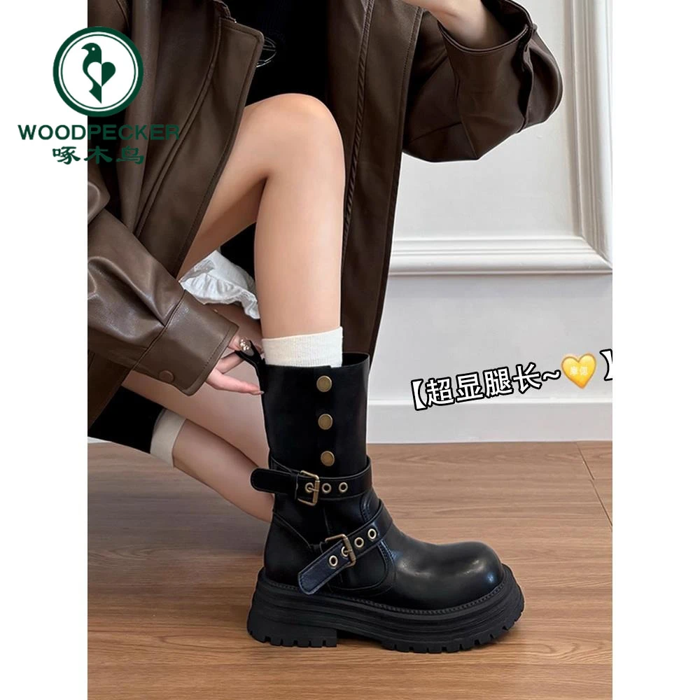 啄木鸟英伦风马丁靴女款2025新款美拉德棕色靴子厚底黑色中筒短靴