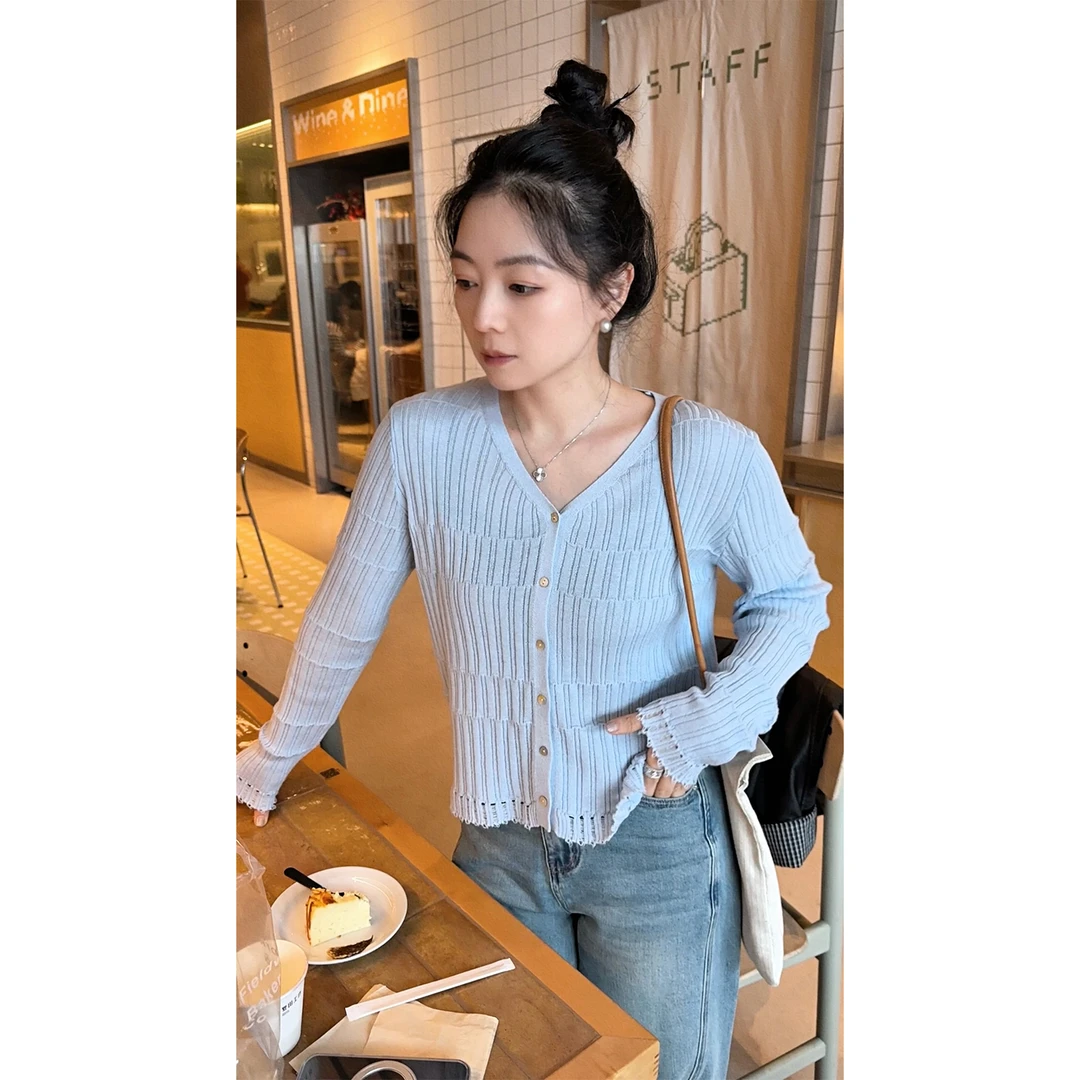 苏安家｜春日甜茶 超显瘦！镂空织法竹节纹理含羊毛v领针织开衫