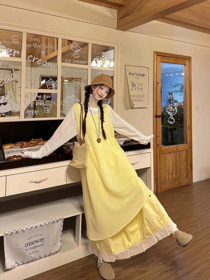 春季不规则叠穿显瘦吊带连衣裙女三件套小众减龄中长裙女
