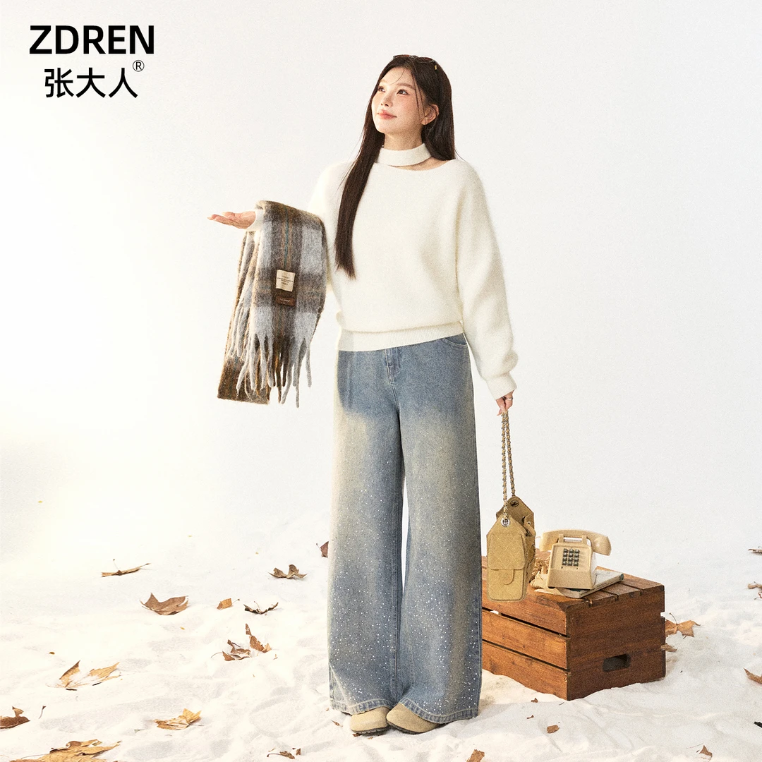 张大人【心动小屋】大码女装微胖妹妹韩系纯欲风白色毛衣牛仔裤套装