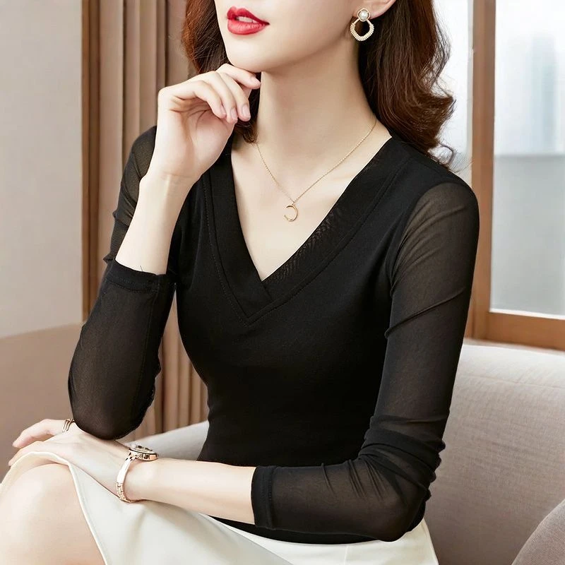 达格妮高档网纱打底衫内搭2025秋季新款V领修身上衣女时尚长袖t恤
