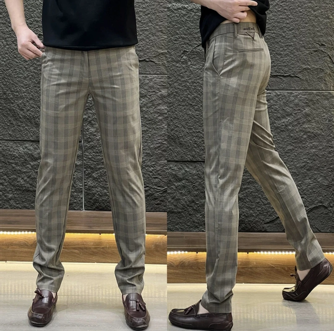 66576男士格子商务西裤垂感修身轻奢百搭长裤春夏轻奢小脚休闲裤