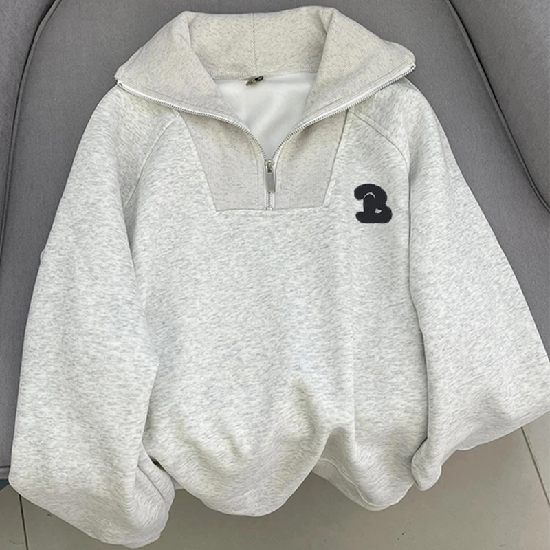 大码200斤个性青春潮牌半拉链卫衣女春季新款宽松遮肉慵懒风上衣