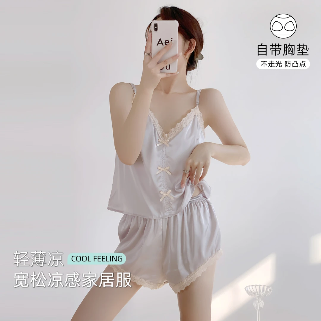 冰丝紫色睡衣女夏季性感吊带纯欲风带胸垫凉感家居服蕾丝2025新款