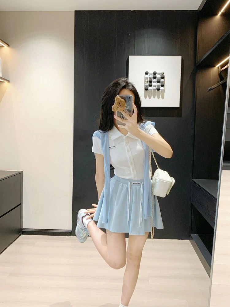 韩版夏季新款纯棉减龄夏季小个子休闲运动半身裙套装潮