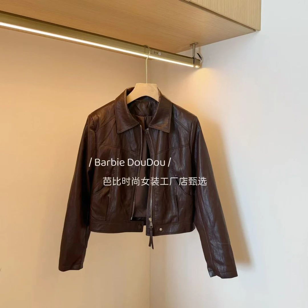 【Barbie Jingni】9801  早秋新款韩系拉链设计皮外套长袖女士短款