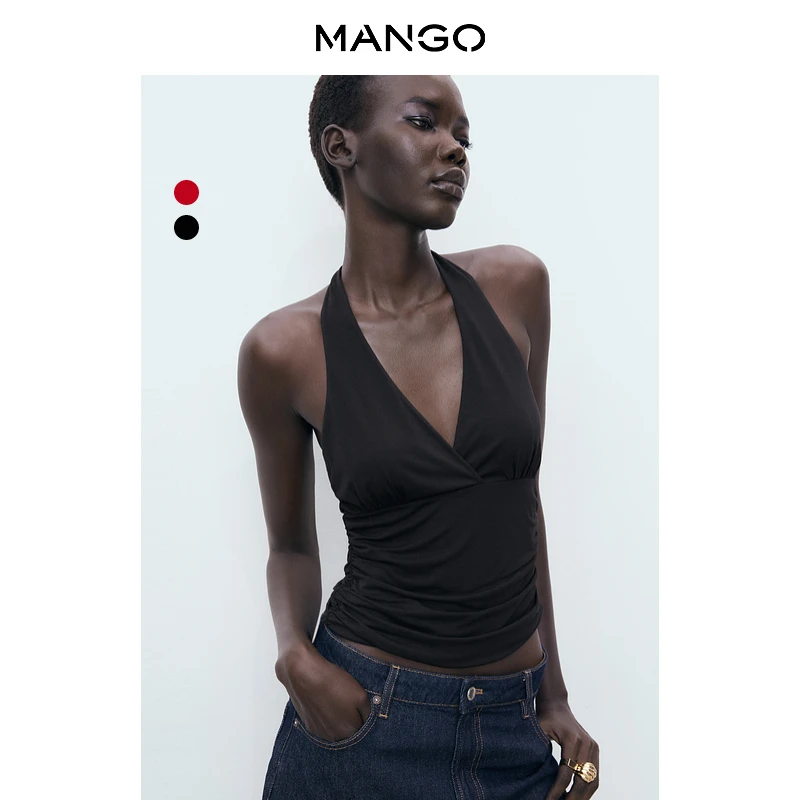 年终折扣MANGO女装吊带2025冬装新款V领系绳结露背修身吊带上衣