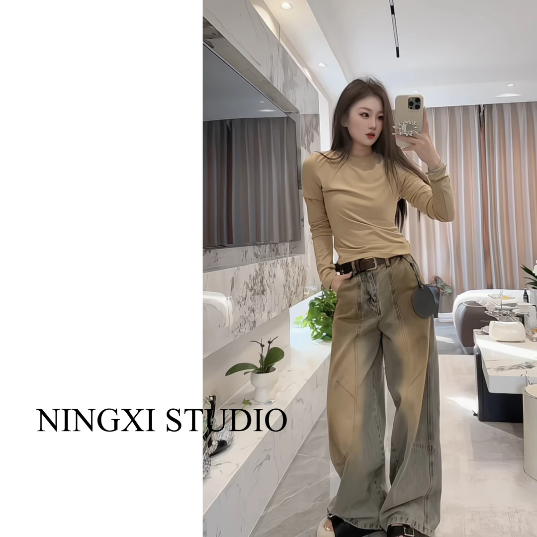 欧货2025秋季女丹宁风原宿风长裤高腰水洗撞色牛仔裤时尚百搭休闲