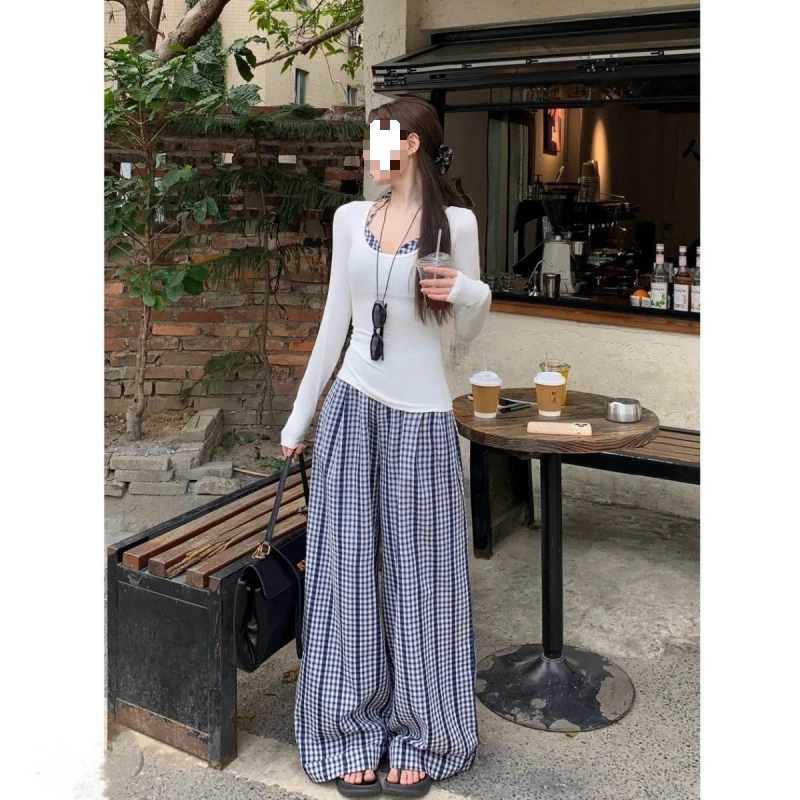 欲风套装女夏季U领薄款长袖防晒衫上衣格子吊带阔腿休闲长裤