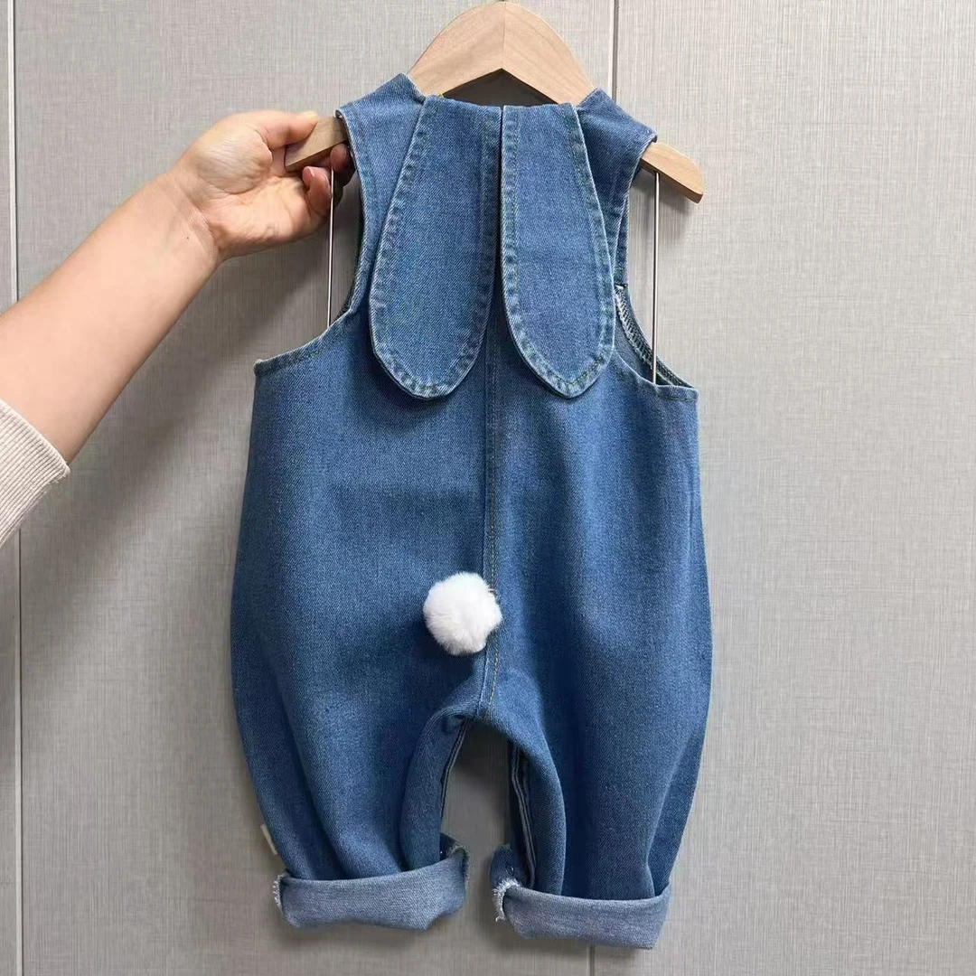 牛仔背带裤兔子耳朵男女韩版春秋休闲宝宝洋气时尚宽松长裤潮女童