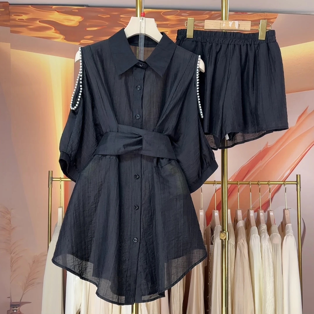 现货【RG225】2025新款显瘦气质时尚夏黑色收腰设计师拼接百搭套装
